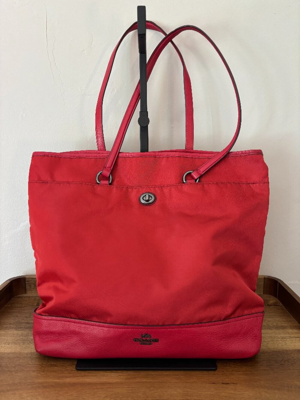 Coach Red Nylon Red Leather Large Carryall Tote